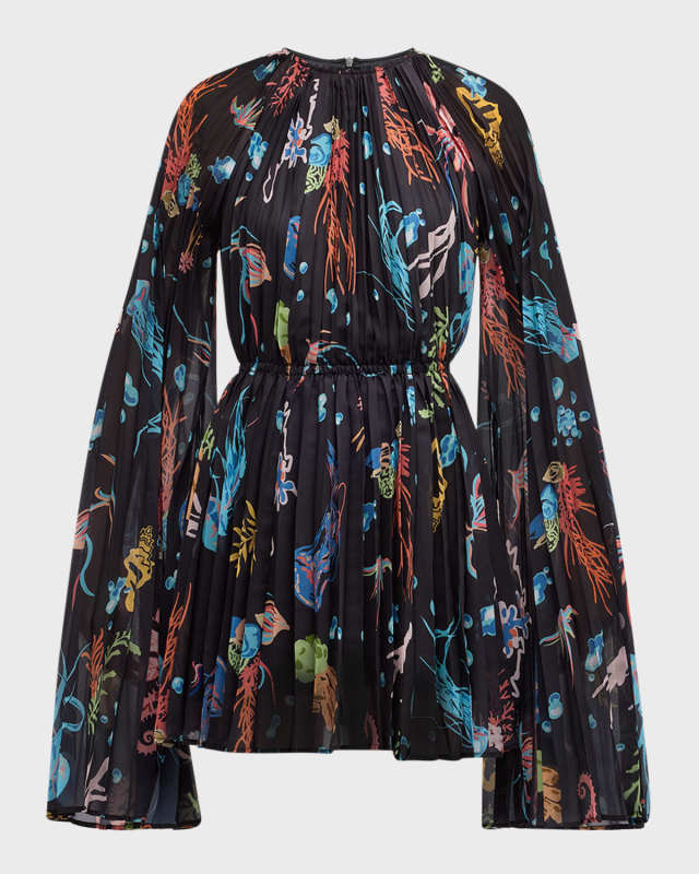 Evelyn Pleated Printed Split-Sleeve Mini Dress